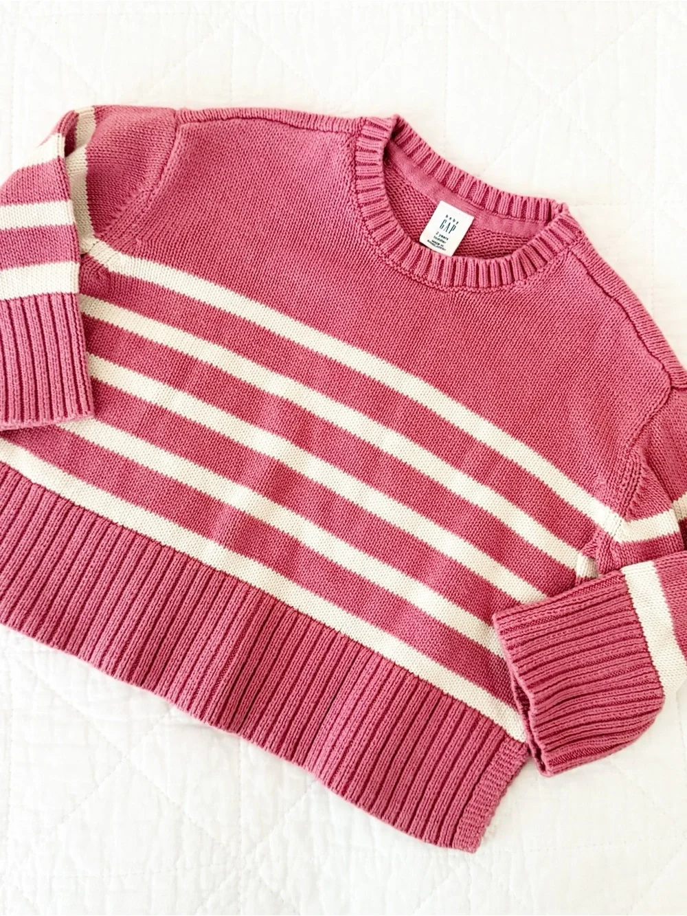 GAP Kids Pink and Cream Striped Crewneck Sweater